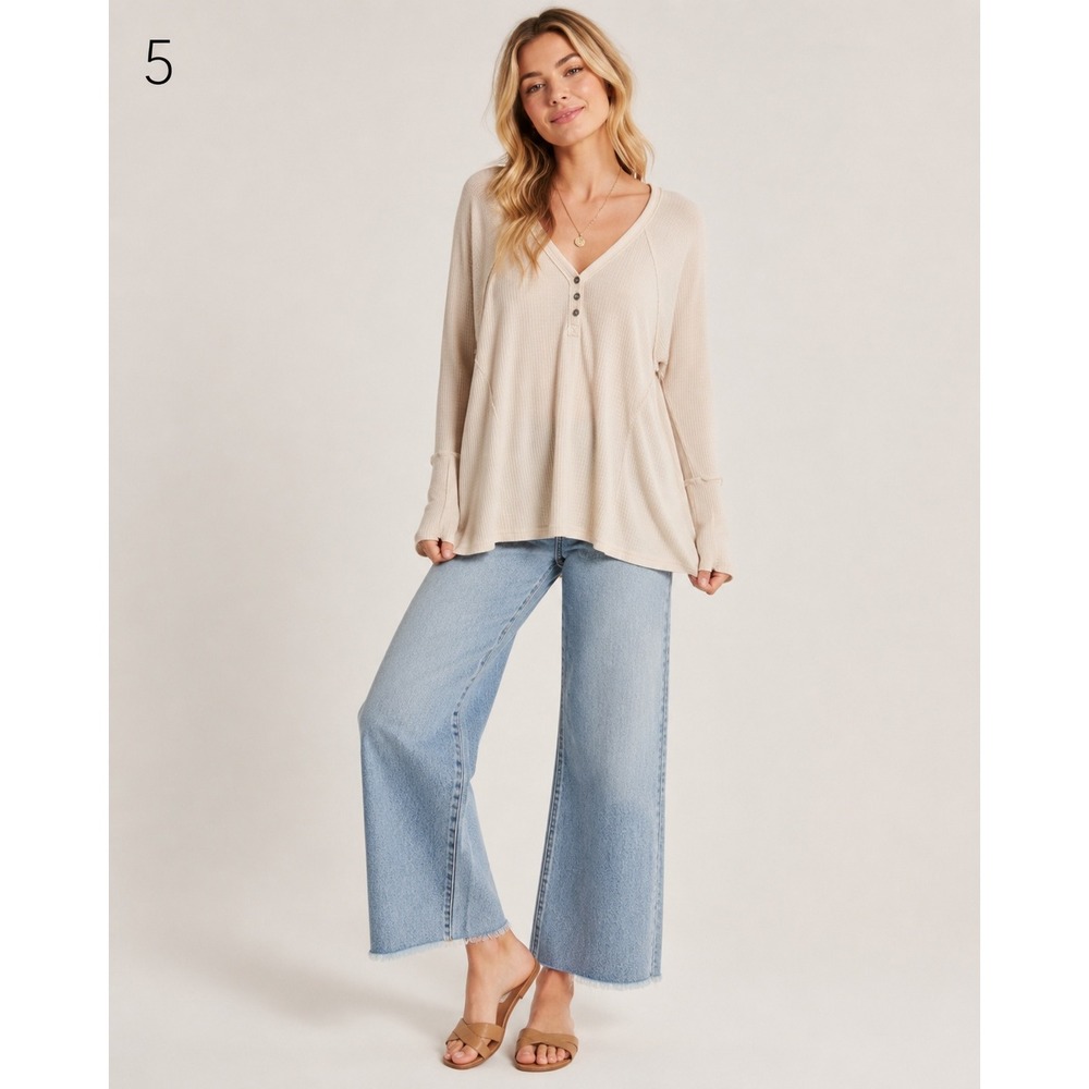 Free People Citrine Henley Thermal Top Womens Small Ecru Ivory Cotton Blend